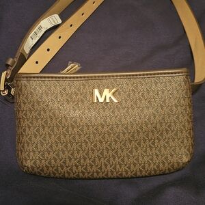 Michael Kors Brown Monogram MK Belt Bag with Gold Logo